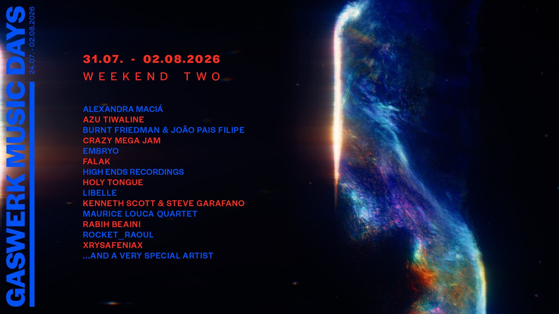 GASWERK MUSIC DAYS 2026 - WEEKEND TWO: Reggie Watts, Azu Tiwaline, Burnt Friedman & João Pais Filipe, Crazy Mega Jam, Embryo, falak, Holy Tongue, Kenneth Scott, Maurice Louca Quartet, Rabih Beaini