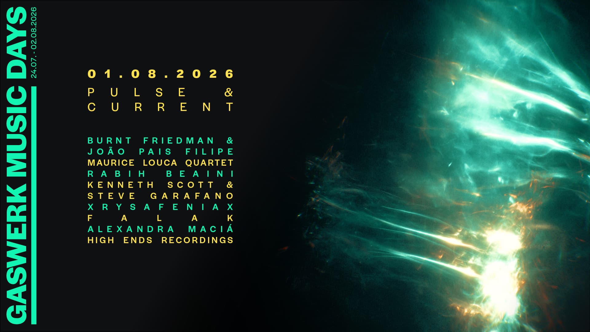 GASWERK MUSIC DAYS 2026 - PULSE & CURRENT: Burnt Friedman & João Pais Filipe, Maurice Louca Quartet, Kenneth Scott & Steve Garafano, Rabih Beaini, Xrysafeniax, falak